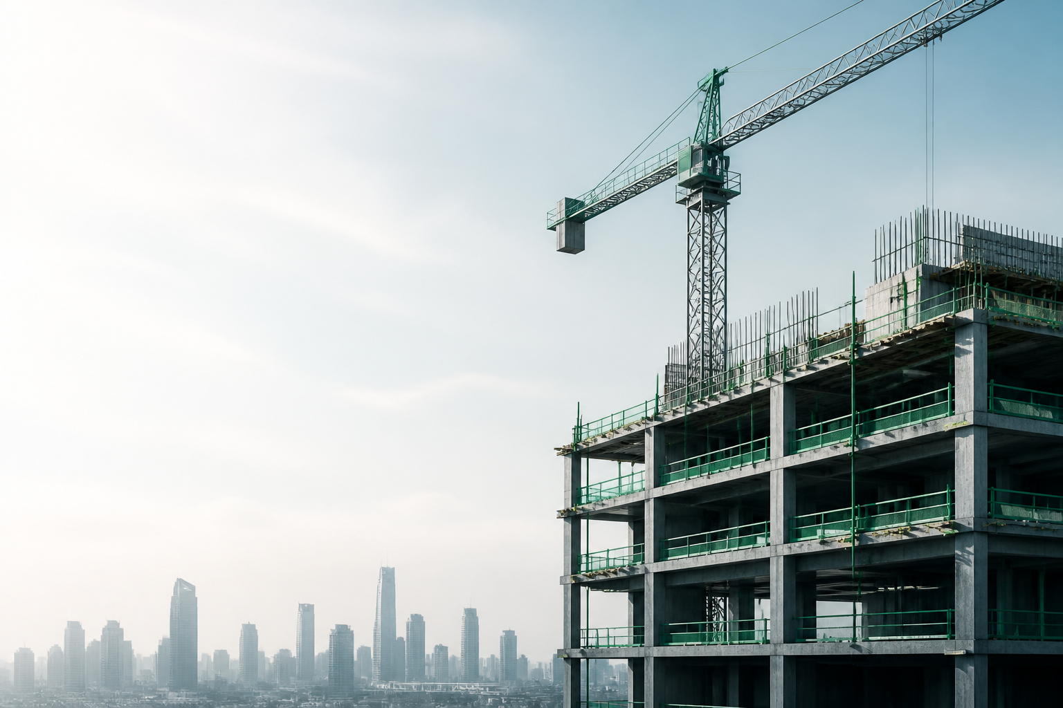 Tower crane above a modern building under construction